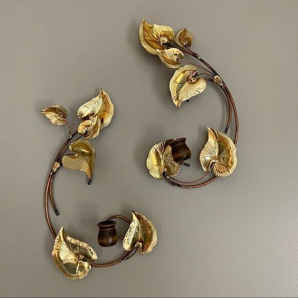 Mid Century Metal Leaf Candle Sconces Wall Decor - Picture 1 of 10